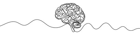 One continuous line illustration of a human brain, isolated on white background. Line art of human brainのイラスト素材