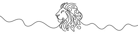 One continuous line illustration of a lion head, isolated on white background. Line art of lion head.のイラスト素材