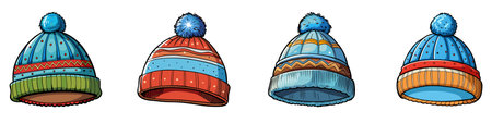 Winter hats. Stylish and cozy winter hats with playful pompoms. Vector illustrationのイラスト素材