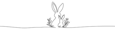 Minimalist easter design featuring two rabbits and plants drawn with one continuous lineのイラスト素材