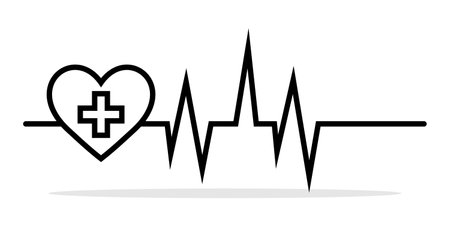 Medical icon with heartbeat. Minimalist black medical icon featuring a heartbeat line connecting a cross and a heart. Concept of healthcare, cardiology, and medical support. Vector illustrationのイラスト素材