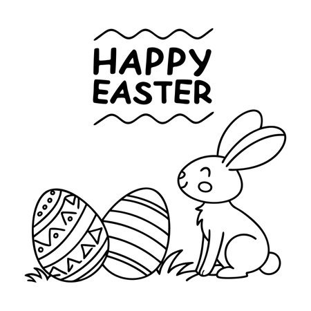 Happy Easter poster with bunny and eggs. Hand drawn eggs and bunny wishing happy Easter. Vector illustrationのイラスト素材