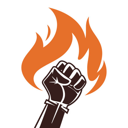 Clenched fist rises amid vibrant flames. Representing strength and passion. Vector illustrationのイラスト素材