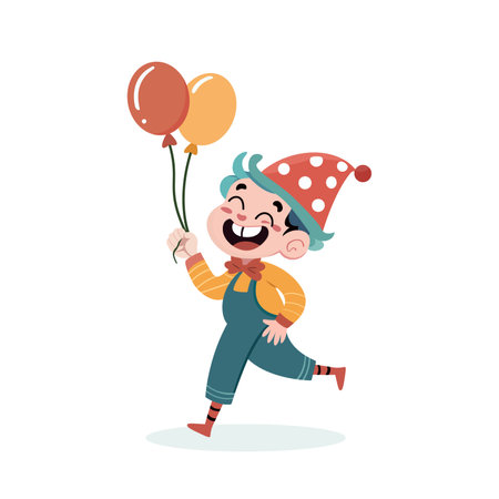 Children's holiday. Happy boy running holding two balloons. Vector illustrationのイラスト素材