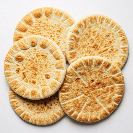 Five round flatbreads with browned spots, arranged on a white surface, top view.