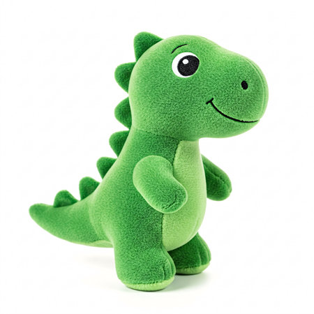 Green plush toy dinosaur with big eyes, isolated on a white background.の写真素材