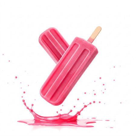 Strawberry ice pop falling into juice splash isolated on white background. Frozen fruit dessert in motion close-up.の写真素材