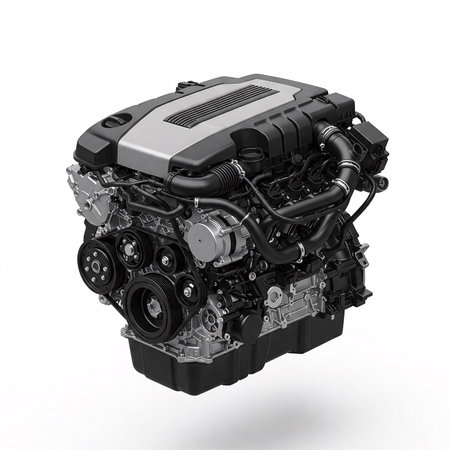 V8 car engine isolated on white background. Modern gasoline internal combustion engine close-up