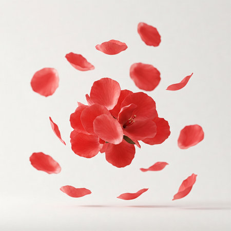 Falling red rose petals isolated on white background