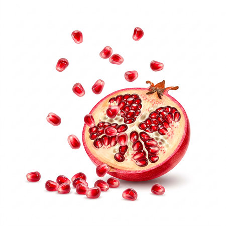 Sliced pomegranate with falling seeds isolated on white background. Red tropical fruit close-up.の写真素材