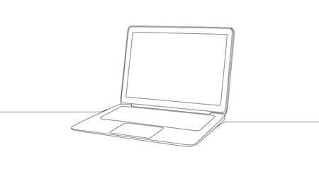 Black laptop in one line art style. Laptop drawing with editable stroke on white background. Vector illustration.のイラスト素材