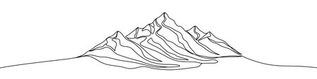 Black mountains in one line art style. Mountains drawing with editable black stroke on white background. Vector illustration.のイラスト素材