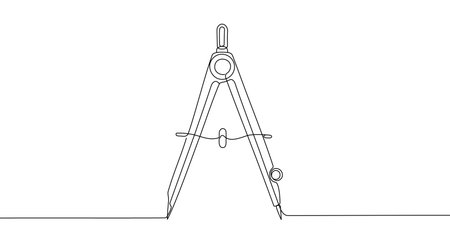 Drawing compass in one line art style. Compass drawing with editable black stroke on white background. Vector illustration.のイラスト素材