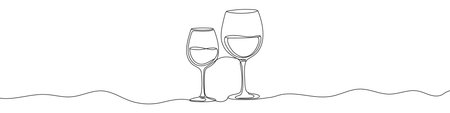 Two black wine glasses in one line art style. Wine glasses drawing with editable stroke on white background. Vector illustration.のイラスト素材