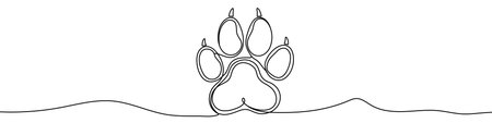 Black animal paw print in one line art style. Paw print drawing with editable stroke on white background. Vector illustration.のイラスト素材