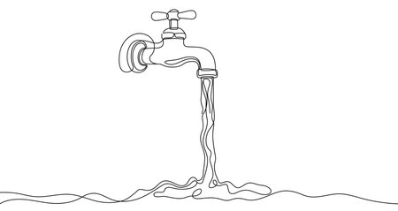Black water tap with flowing water in one line art style. Tap drawing with editable stroke on white background. Vector illustration.のイラスト素材