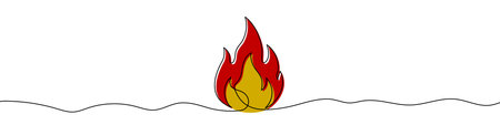 Flame of fire in one line art style. Flame drawing with color fill and black stroke. Vector illustration.のイラスト素材