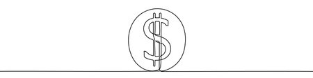 Coin with a dollar sign in one line art style. Coin drawing with editable black stroke on white...