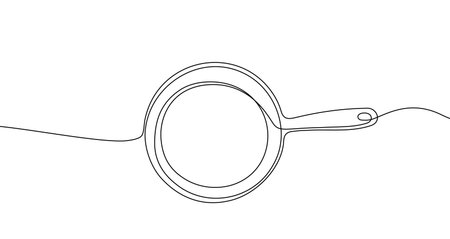 Frying pan in one line art style. Drawing of a kitchen skillet with a handle with editable black stroke on a white background. Vector illustration.のイラスト素材