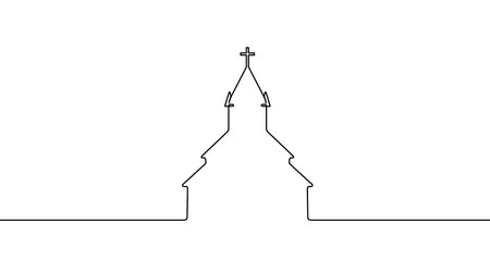 Church in one line art style. Church building drawing with editable black stroke on white background. Vector illustration.のイラスト素材