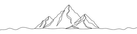 Black mountains in one line art style. Mountains drawing with editable black stroke on white background. Vector illustration.のイラスト素材