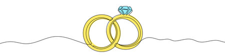 Yellow wedding rings in one line art style. Wedding rings drawing with editable black stroke on white background. Vector illustration.のイラスト素材