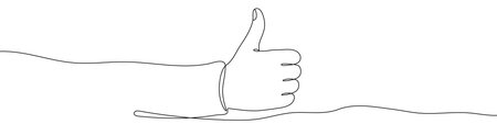 Hand with thumb up in one line art style. Hand drawing with editable black stroke on white background. Vector illustration.のイラスト素材