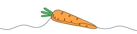 Orange carrot with green top in one line art style. Carrot drawing with editable black stroke on...