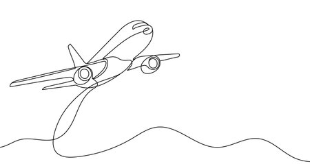 Airplane in one line art style. Drawing of airplane with editable black stroke on white background. Vector illustration.のイラスト素材