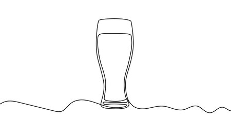 Glass of beer in one line art style. Drawing of a glass of beer with an editable black stroke on a white background. Vector illustration.のイラスト素材