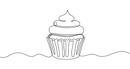 Cupcake or muffin with cream in one line art style. Drawing of a dessert with editable black stroke on a white background. Vector illustration.のイラスト素材