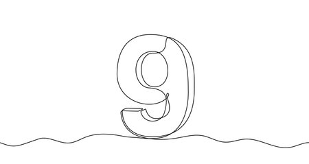 Number "9" in one line art style. Drawing of the digit nine with editable black stroke on a white background. Vector illustration.のイラスト素材