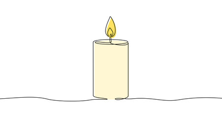 Colorful candle in one line art style. Drawing of a pillar candle with a flame with editable black stroke on a white background. Vector illustration.のイラスト素材