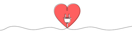 Red heart with an electric plug inside in one line art style. Drawing of a love symbol and a power connector with editable black stroke on a white background. Vector illustration.のイラスト素材
