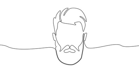 Male bearded head in one line art style. Drawing of a face with beard and hairstyle with editable black stroke on a white background. Vector illustration.のイラスト素材