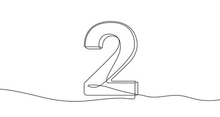 3D number "2" in one line art style. Drawing of the digit two with editable black stroke on a white background. Vector illustration.のイラスト素材