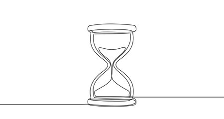 Hourglass in one line art style. Drawing of a time measuring clock with editable black stroke on a white background. Vector illustration.のイラスト素材