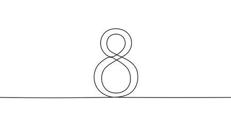 Number "8" in one line art style. Drawing of the digit eight with editable black stroke on a white background. Vector illustration.のイラスト素材