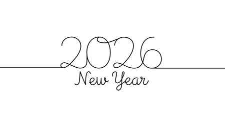 Numbers "2026" and "New Year" in one line art style. Drawing of a greeting with editable black stroke on a white background. Vector illustration.のイラスト素材
