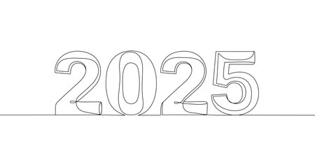 Numbers "2025" in one line art style. Drawing of the year digit with editable black stroke on a white background. Vector illustration.のイラスト素材