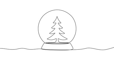 Snow globe with a Christmas tree inside in one line art style. Drawing of a New Year's decoration with editable black stroke on a white background. Vector illustration.のイラスト素材
