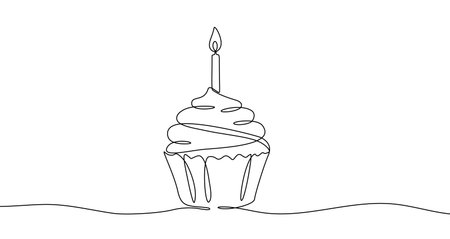 Cupcake with a candle in one line art style. Drawing of a festive dessert with cream with editable black stroke on a white background. Vector illustration.のイラスト素材