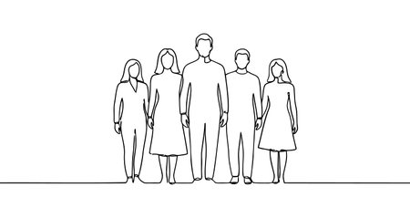 Group of five people drawn with one continuous line. Black outline illustration isolated on white background. Vector illustration.のイラスト素材