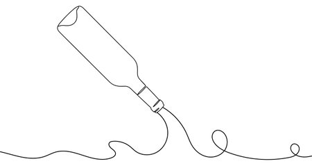 Bottle pouring wine drawn with one continuous line. Black outline illustration isolated on white background. Vector illustration.のイラスト素材