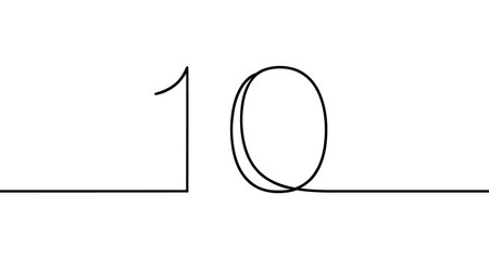 Number ten ("10") drawn with one continuous line. Black outline illustration isolated on white background. Vector illustration.のイラスト素材