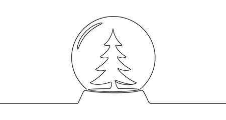 Snow globe icon. Black Christmas snow globe with a Christmas tree, written in one continuous line. Vector illustration of holidayのイラスト素材