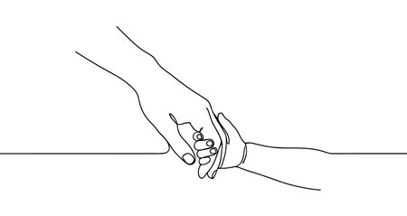 Adult hand holding a little baby's hand drawn with one continuous line. Black outline illustration isolated on white background. Vector illustration.のイラスト素材