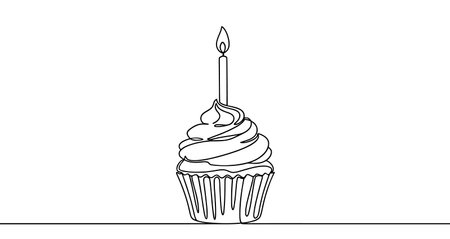 Cupcake icon. Black cupcake with a candle and cream, written in one continuous line. Vector illustration of holiday dessertのイラスト素材