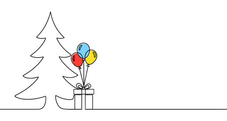 Christmas icon. Christmas tree and gift with colored balloons, written in one continuous line. Vector illustration of a holidayのイラスト素材