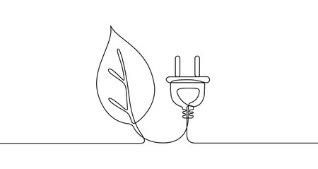 Electric plug with a leaf in one line art style. Drawing of eco energy with editable black stroke on a white background. Vector illustration.のイラスト素材